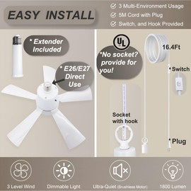SUKIMIH Socket Fan Light, Plug in Ceiling Fan, Gazebo Fan, Outdoor/Indoor, 16.4 Ft Cord with Hook UL Listed, Ceiling Light with Remote (White, 16.5")