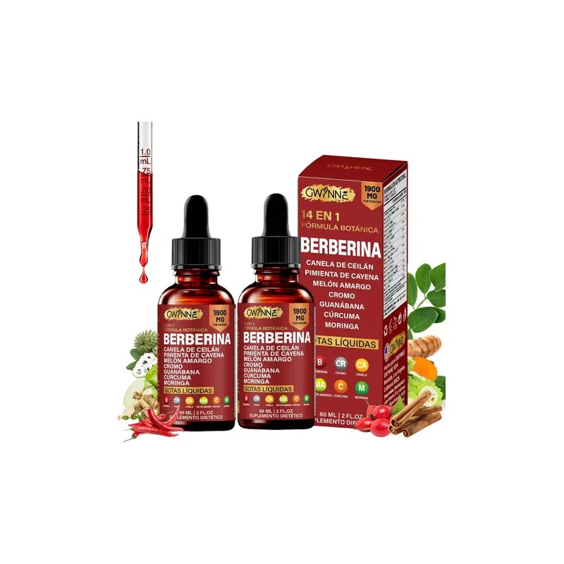 Gwynne Suplemento Dietético Gotas Líquidas Berberina Fórmula 1900 Pimienta Cayenne