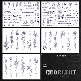 CHARLENT Semi-Permanent Tattoos for Adult - 2 Weeks Long Last Small Flower Words Tattoos for Women Men Hand Neck Body/Fades Naturally/No Reflection/Waterproof/Realistic, Minimal Line Art
