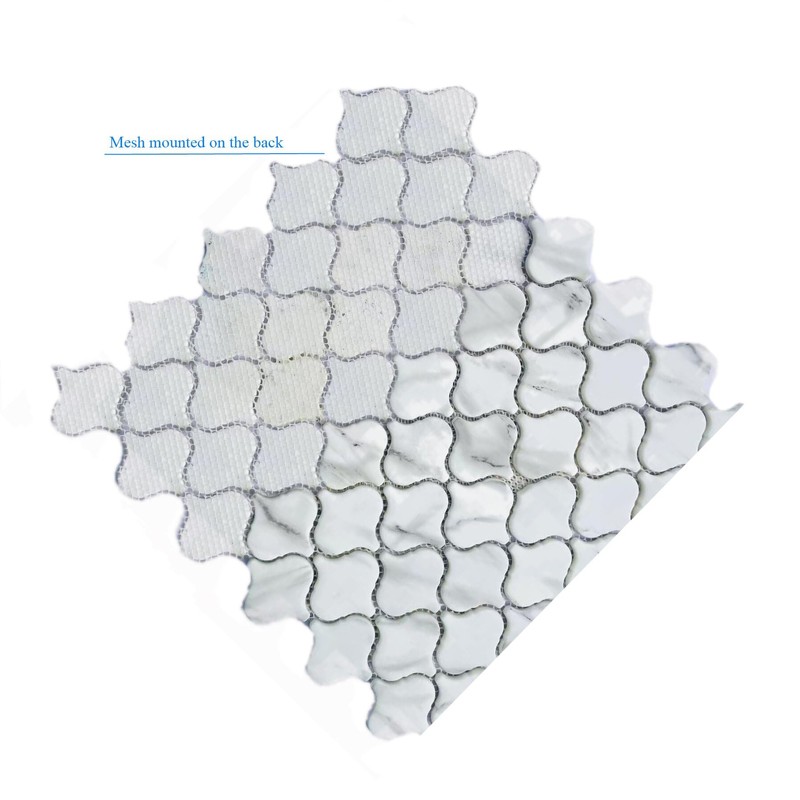 Recycled Glass Mosaic Tile: Arabesque Lantern Pattern, Carrara Marble Look,