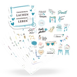 ECCK Sticker Wedding Guest Book (12 DIN A5 Sheets), Wedding Sticker Set for Guest Book, Photo Album, Scrapbook, Place Cards with Heart, Love & Vintage Motifs, Aqua Wedding Stickers in German