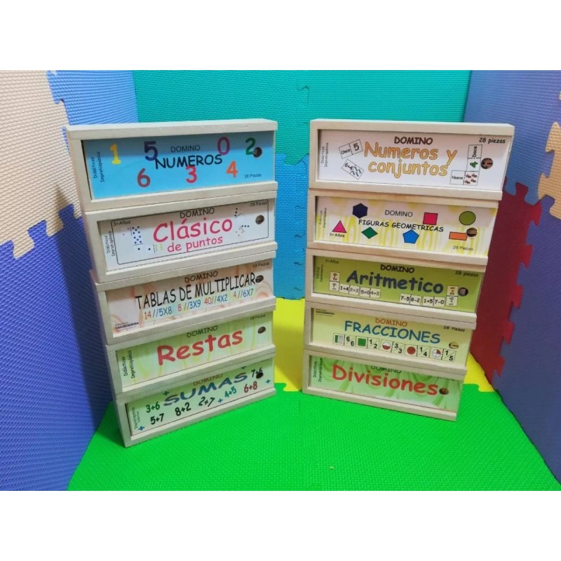 Domino Kit Con 5 Dominós De Madera Didácticos: 17 Modelos