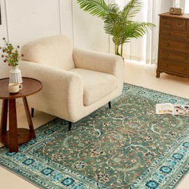 Simple&Opulence Boho Area Rug 5x7 for Living Room, Machine Washable Non Slip Low Pile Vintage Carpet for Bedroom, Dining Room, Office, Tribal Floral Printed Rug Home Decor for Office(Green)