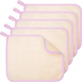 5 Pieces Exfoliating Face and Body Wash Cloths Towel Weave Bath Cloth Exfoliating Scrub Cloth Massage Bath Cloth for Women and Men (Pink Edge, 10.63 x 9.05 Inch)