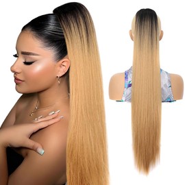 VAVANGA Brown Ombre YAKI Straight Ponytail Drawstring - 30inch Long Kinky Straight Ponytail Clip-in Thick Fake Pony Tail Hair Piece for Black Women - R2T27#
