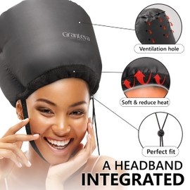 Hooded Hair Dryer Attachment w/A Headband Integrated That Reduces Heat Around Ears & Neck - Hair Dryer Hooded Diffuser Cap for Curly, Speeds Up Drying Time, Deep Conditioning At Home - Portable, Large