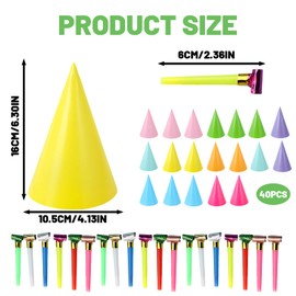 MXHBSTP 40 Pcs Set with 20 Blowers, Party Hats for Kids, Colorful Cone Hats for Birthday Parties, School Events, Pet Celebrations, 8 Vibrant Colors
