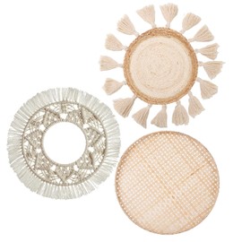 LOCS MICRAI Boho Wall Basket Decor Set of 3 - Flat Woven Basket Wall Hanging Decor,Round Tassels White Macrame Tapestry Wall Decor Art,Handmade Rattan Wicker Seagrass Home Wall Baskets Decor