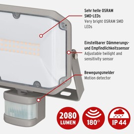 Brennenstuhl LED Spotlight AL 2050 with PIR (20 W, 2080 lm, 3000 K, IP44, LED Floodlight for Wall Mounting with Motion Sensor)