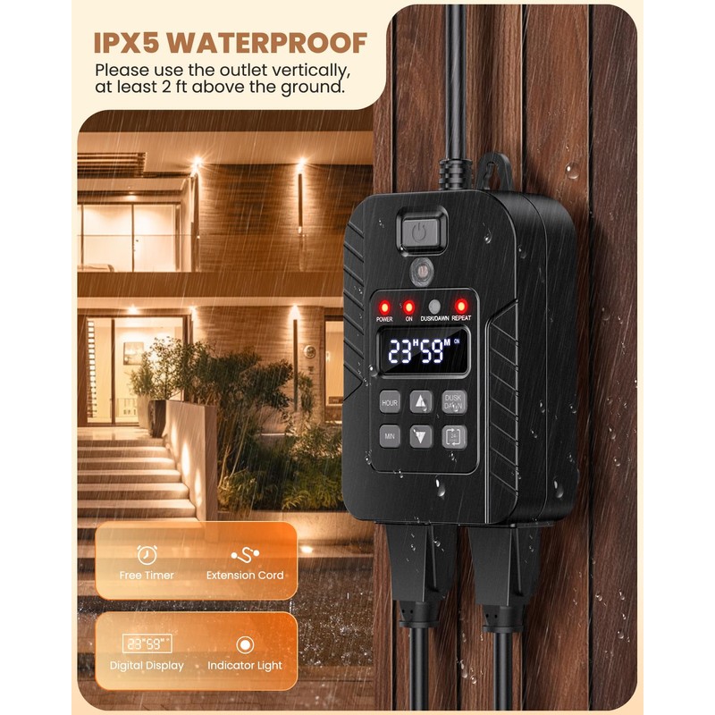 Outdoor Remote Control Outlet, ELECTOP Outdoor Timer with Countdown &