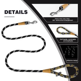 lynxking Rope Dog Leash 6 FT with Comfortable Padded Handle, Highly Reflective Threads Leash for Small Medium Large Dogs (Black, Large 1/2in x 6ft-Rope Clasp)