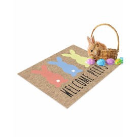 Happy Easter Indoor Doormat 16 x 24 Inch Entryway Rugs Easter Welcome Peeps Rabbits Retro Texture Front Door Mat Absorbent Non-Slip Floor Mats for Kitchen Bedroom Bathroom