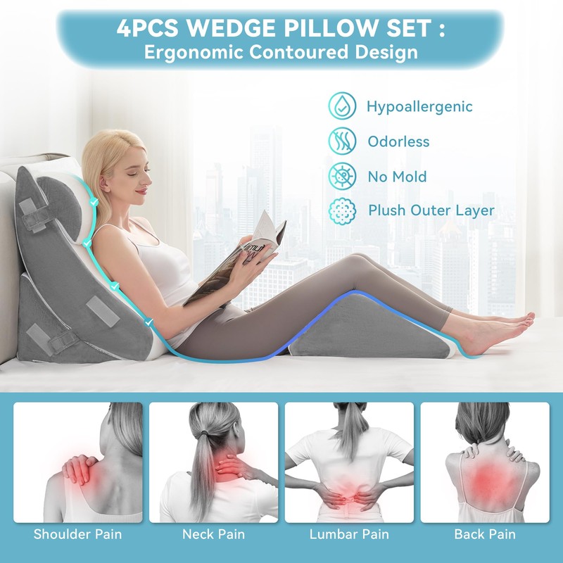 Kingfun 4pcs Orthopedic Bed Wedge Pillow Set for Post Surgery,