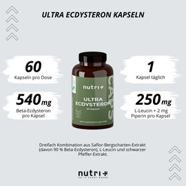 Ultra Ecdysterone + Leucine Capsules High Dose - 790 mg Active Ingredient Complex per Capsule - 540 mg Beta Ecdysterone 90% + 250 mg L-Leucine Powder Vegan - ß-Ecdysterone Max Extract