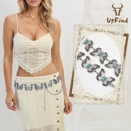 UpFind - Cinturón de cadena de metal occidental para mujer, con eslabones de cintura para jeans, vestidos de concierto, bohemios, 03plateado, Fit waist up to 45’’