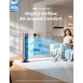 Dreo Tower Fan for Bedroom, 25ft/s Velocity Quiet Floor Fan, 90° Oscillating Fans for Indoors with 4 Speeds, 4 Modes, 8H Timer, Bladeless Fan, Standing Fans, Silver, Nomad One (DR-HTF007)
