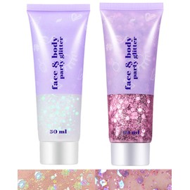 Go Ho Pink and White Body Glitter Set,Singer Concerts Face Glitter Gel Makeup,Holographic Long Lasting Chunky Sequins Glitters for Eye Lip Hair Nails,Festival Rave Accessories,White&Pink Glitter