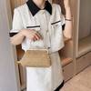 Women Mini Straw Woven Clutch Handbag Metal Top-handle Bag Cross-body