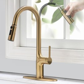Brushed Gold Kitchen Faucet, Single Handle Gold Kitchen Sink Faucet with Pull Down Sprayer Modern Stainless Steel Brass Gold Faucet with Deck Plate 3-Function Spray Head 1 or 3 Hole