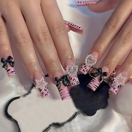 Handmade Press on Nails Medium Square Fake Nails with 3D Pearl Bow Star Heart Leopard Designs 24 Pcs Natural Reusable Acrylic Nail Full Cover Stick on Pink French Tip Nail for Women Fashion WYFHDT