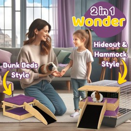 YELLOFLOW Guinea Pig Hideout and Hammock Combo – Dual Style Design – Large Natural Birch Wood 14”x 10”– Guinea Pig Hammock for Cage, Guinea Pig Hide, Guinea Pig Loft, Guinea Pig Accessories (Purple)