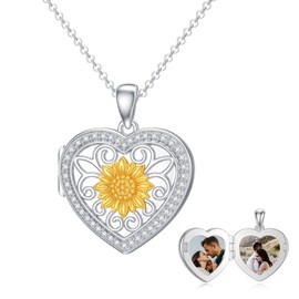 PELOVNY Sunflower Locket Necklace that Holds Pictures 925 Sterling Silver Heart Photo Locket Necklace Sunflower Jewelry Gifts for Women Mom Daughter