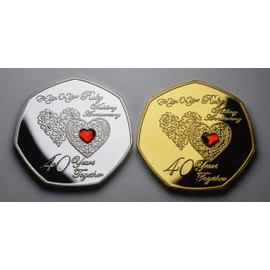 The Commemorative Coin Company Pair of 40th RUBY WEDDING ANNIVERSARY Silver & 24ct Gold Commemoratives with Ruby Gemstone. Gift/Present. 40 Years Together. Husband/Wife/Parents