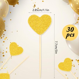 Pack of 30 Gold Glitter Heart Cupcake Toppers Cupcake Decoration Rose Gold Muffin Decoration Love Hearts Decoration Can Be Used for Wedding Anniversary Baby Shower Party Decoration Accessories