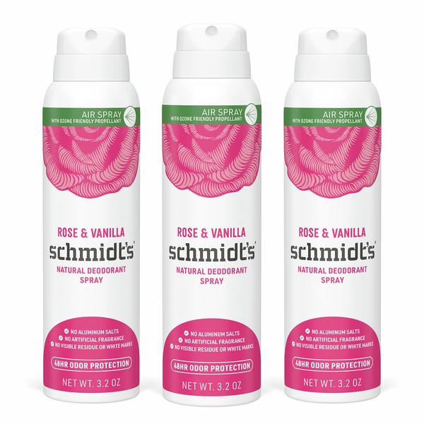 Schmidt's Natural Deodorant Spray for Women and Men, Rose and Vanilla with 48 Hour Protection, No Aluminum Salts, No White Marks, Cruelty Free, Vegan, Deodorant, 3.2 Ounce (Pack of 3)