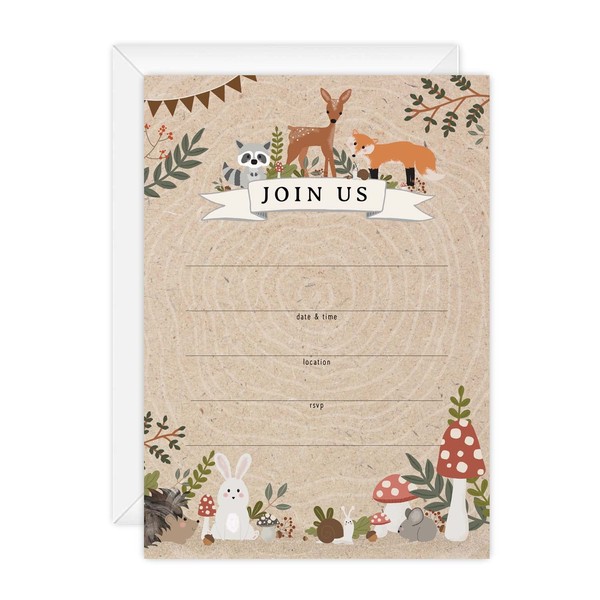 Canopy Street Woodland Animals Fill In Invitations / 25 Gender Neutral Baby Shower Invites With White Envelopes / 5" x 7" Forest Adventure Party Event Invite/Made In The USA