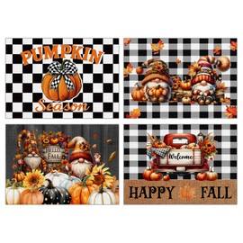 Fall Placemats Set of 4, Autumn Place Mats for Thanksgiving Harvest Festival Halloween, Happy Fall Gnomes Pumpkin Themed Table Cloth Gifts, Kitchen Decorations for Family, 01