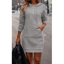PRETTYGARDEN Long Sleeve Hoodies Dress 2024 Fall Trendy Texture Sweatshirts Outfits Button Hooded Dresses with Pockets (Light Grey,M)
