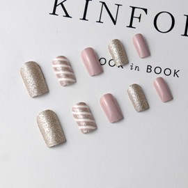 Christmas Press on Nails Medium Square Xmas Stripe Fake Nails, Champagne Gold Glitter Stripe Acrylic Nails, Shiny Glossy False Nails Kits Salon Quality Winter Stick Glue on Nails Tip 24 Pcs