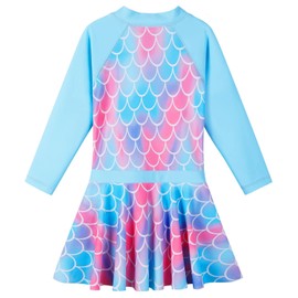 ZNYUNE Children Girls One-Piece Swimsuits Dress Kids Swimming Costumes for Girls Sleeveless Rash Guard Surfing Swimwear Sweet Skirted Style S395 ScaleBlue 140