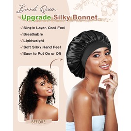 BONNET QUEEN Silk Bonnet for Sleeping Women Satin Bonnet Hair Wrap with Elastic Wide Band Sleep Cap for Curly Hair Anti Frizz Night Cap, Sage & Black