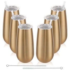 6 Pack Stemless Champagne Tumbler 6 Oz, Unbreakable Cocktail Cups with Lid, Flutes for Wine - Gift for Family, Friends or Special Occasions (Gold)