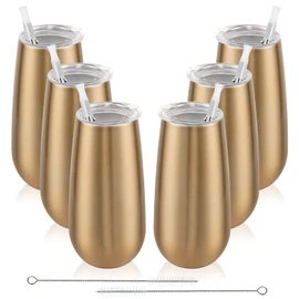 6 Pack Stemless Champagne Tumbler 6 Oz, Unbreakable Cocktail Cups with Lid, Flutes for Wine - Gift for Family, Friends or Special Occasions (Gold)