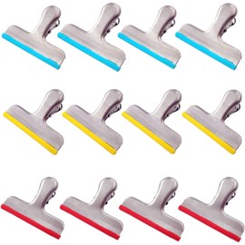12 Piezas Clips para Bolsas de Alimentos Acero inoxidable Cubiertos con Silicona Perfectos para Bolsas de Alimentos Sellado Hermético 3 Colores Diferentes Adecuado para Tiendas Cocina Oficina Hogar