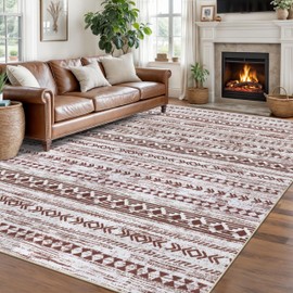 Alfasoft Moroccan 8x10 Area Rug, Boho Geometric Brown Large Washable Rug for Living Room Non-Slip Ultra Soft Bedroom Rug Tribal Traditional Farmhouse Carpet for Dining Room Office Home Décor