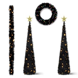 Christmas Decorations 4 Pieces Set, Garland, Wreath and 2 Pop Up Christmas Tinsel Trees with Lights and Tree Toppers for Holiday Home Party Indoor Fireplace Xmas Decor (Black)