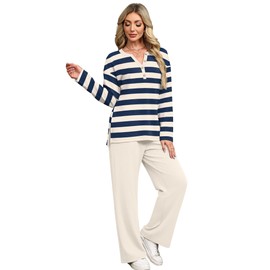 XIEERDUO 2 Piece Sets for Women Fall Outfits 2025 Travel Airport Outfits Loungewear Matching Sweatsuits V Neck Fashion Clothing Pajamas Stripes Navy S