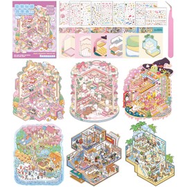 Wnqou 6 Sets DIY 3D House Stickers Collection Book, Large- Version 3D Scene, Miniature Simulated Cabin Scene Game, Cute Cartoon Stickers for Adults and Kids, Fun Room Sticker Material Book for Girls
