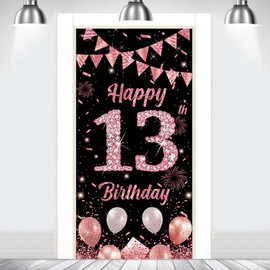 Happy Birthday Door Banner Backdrop Rose Gold 13th Birthday Decorations Boys Girls Rose Gold and Black 13 Years Old Door Background Outdoor Indoor Party Supplies Photo Props Booth Decor180×90cm