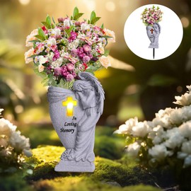 QZWHLSM Cemetery Decorations for Grave,Cemetery vases for Grave,Decoration for Graves,Garden Angel,Cemetery vase with led,Family Garden Memorial Statue Funeral Gift,Angels Solar Lights.