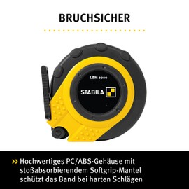 Stabila Capsule Tape Measure LBM 2000 Fibreglass 20 m Fibreglass Measuring Tape with Metric Scale and Kink Protection, Universal Hook, Shatterproof Capsule, MID Accuracy LBM2000 FI20 Black/Yellow