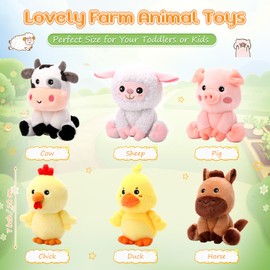 RoundFunny 6 Pcs 7 Inch Farm Animals Plush Toys Bulk Cute Horse Sheep Cow Duck Chick Pig Stuffed Animals Gift for Baby Shower Birthday Party Prizes Table Centerpiece Decor