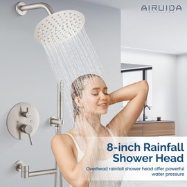 Airuida 3-Function Shower System with Tub Spout – Round Rainfall Shower Faucet Combo,Handheld Spray with 2 Functions,Includes Rough-In Valve with 360° Rotating Drain,8 Inch Shower Head,Brushed Nickel