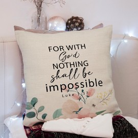 KongMoTree Bible Verse Throw Pillow Case, Blessing Gift, Scripture Art, Scripture Sayings, Bible Quote, Luke 1:37, Church Gifts, Sofa Bed Living Room Porch Decoration, 18x18 Inches