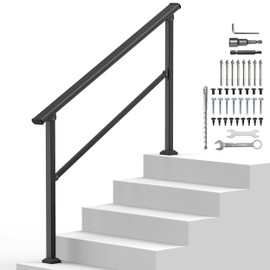 Outdoor Handrails for Steps, Stair Railing Kit for Concrete & Porch Steps, Adjustable Black Iron Hand Rail for Seniors, Easy Installation, Retro Arch Design (4-5Step)