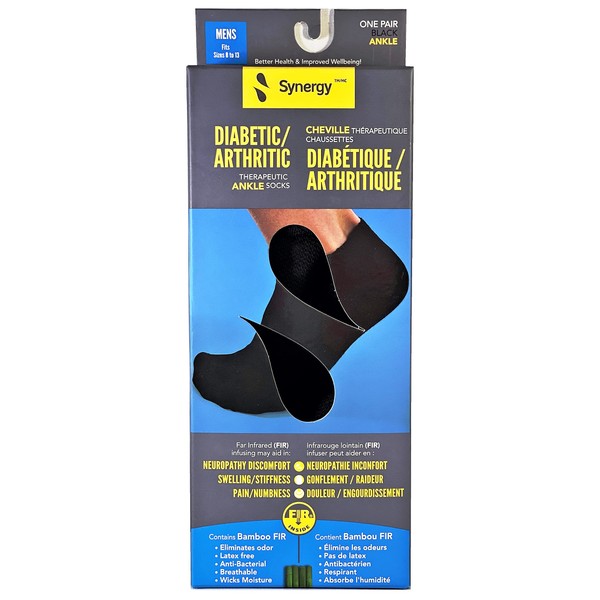 Diabetic/Neuropathy/Arthritis Socks by Synergy made with Bamboo Far Infrared (FIR) Infused Material-Men's Ankle (Black)